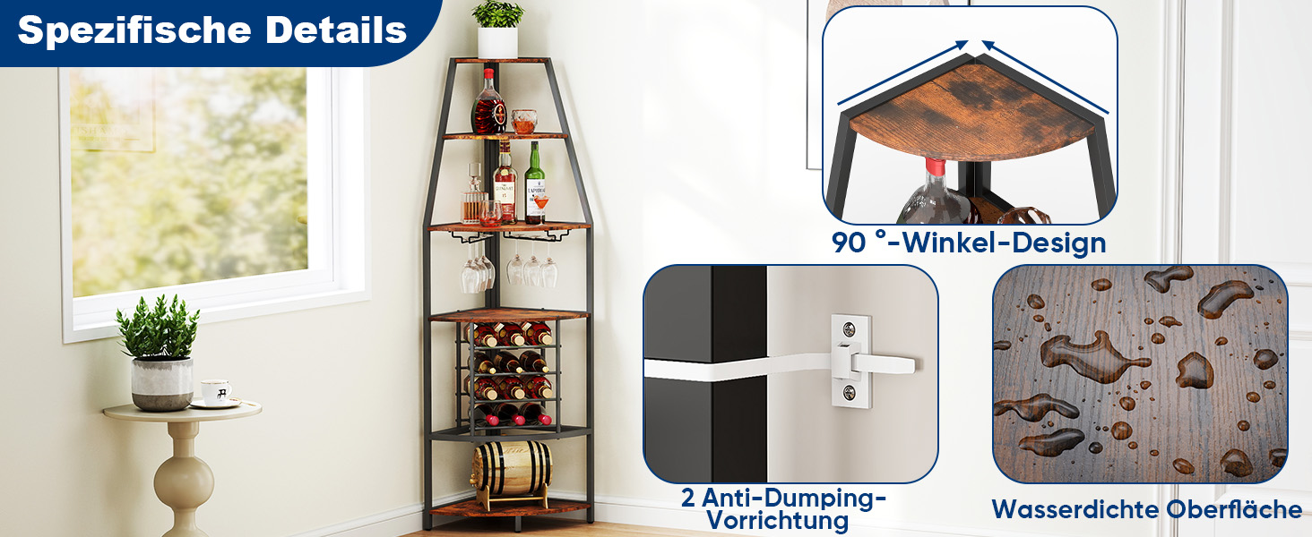 Стеллаж для вина Nisorpa на 12 пляшок, 5-ярусний кутовий, з тримачем для келихів, вінтажний коричнево-чорний