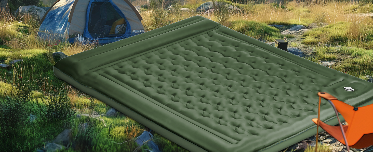 Airminti Self-Inflating Camping Mat - 12cm Thick, Lightweight Air Mattress with Foot Pump & Pillow - Outdoor Sleeping Pad for Camping, Trekking, Beach & Festival - Compact, Army Green (2 Person)