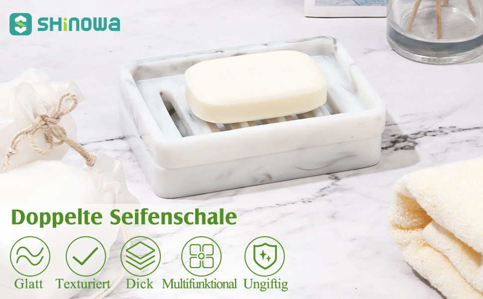 Підставка для мила Shinowa з подвійним шаром та знімним контейнером для води, білий мармур, для ванної кімнати, кухні, душу