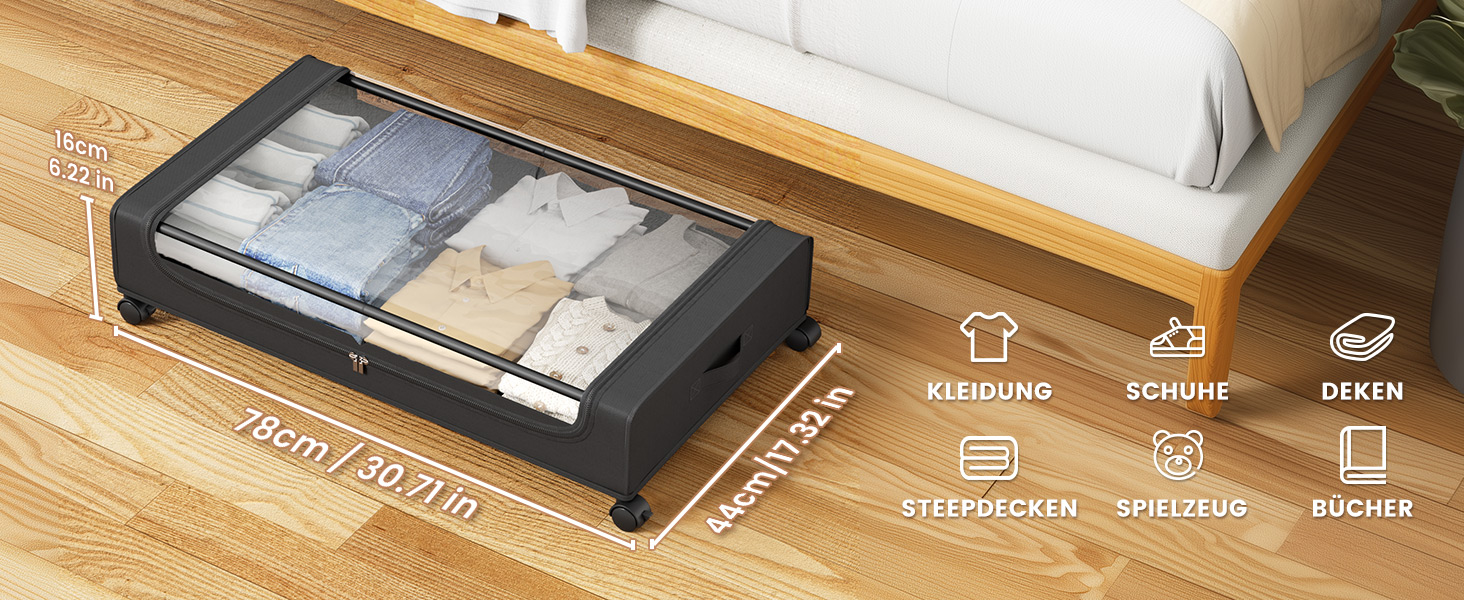 Коробки для зберігання під ліжко PHINOX з колесами, 2 шт (74x42x16 см) - місткі контейнери для одягу, взуття, іграшок з прозорою кришкою