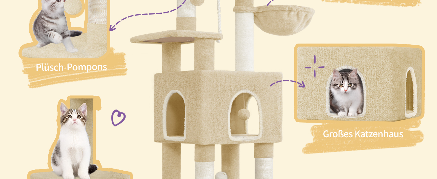 Дерев'яний будиночок для котів Hzuaneri Kratzbaum, 149 см, з 5 стовпчиками для шліфування, платформами, затишною печерею, багатоповерховий центр активності для котів, помпонами, бежевий (MS14918LG)