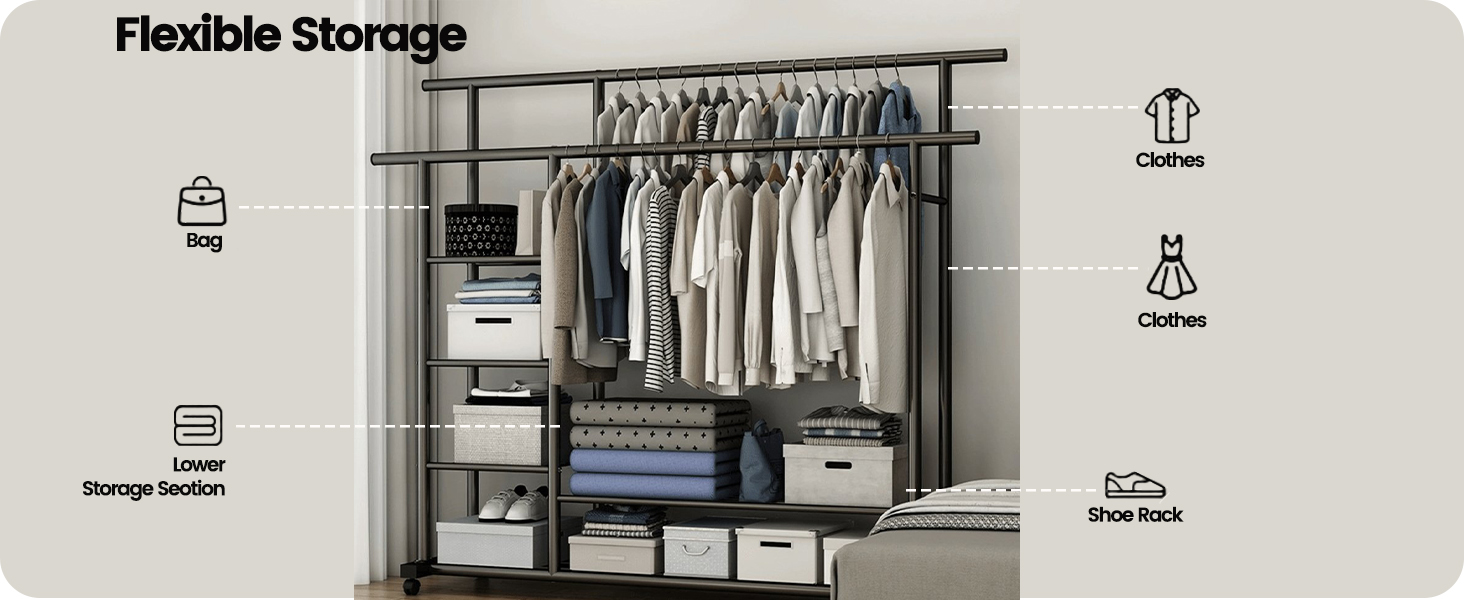 Легкий металевий вішак для одягу на колесах з полицями (білий/чорний)