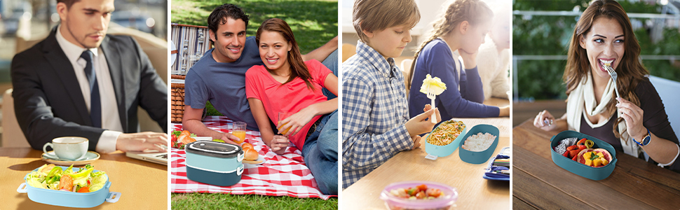 Ланчбокс дорослий, контейнер для їжі з сумкою, ланчбокс дитячий з 3 відсіками, виносний, водонепроникний, підходить для мікрохвильової печі, бенто-бокс для роботи, школи, пікніка, подорожей, блакитний