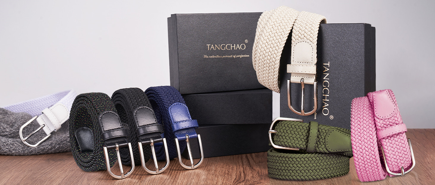 Тканинні ремені Tangchao 2 шт. Плетені еластичні ремені для жінок та чоловіків, 3.3 см, 90-135 см, чорний+бежевий, 100 см