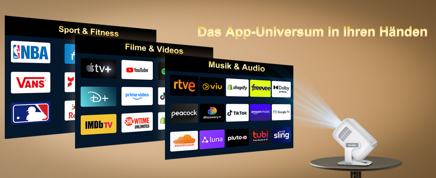 Mini проєктор Salange 2026,8K з Android, WiFi 6, Bluetooth 5.4, авто-корекція Keystone, портативний, для дому та на вулицю, 270° обертання, білий (Sala260max)
