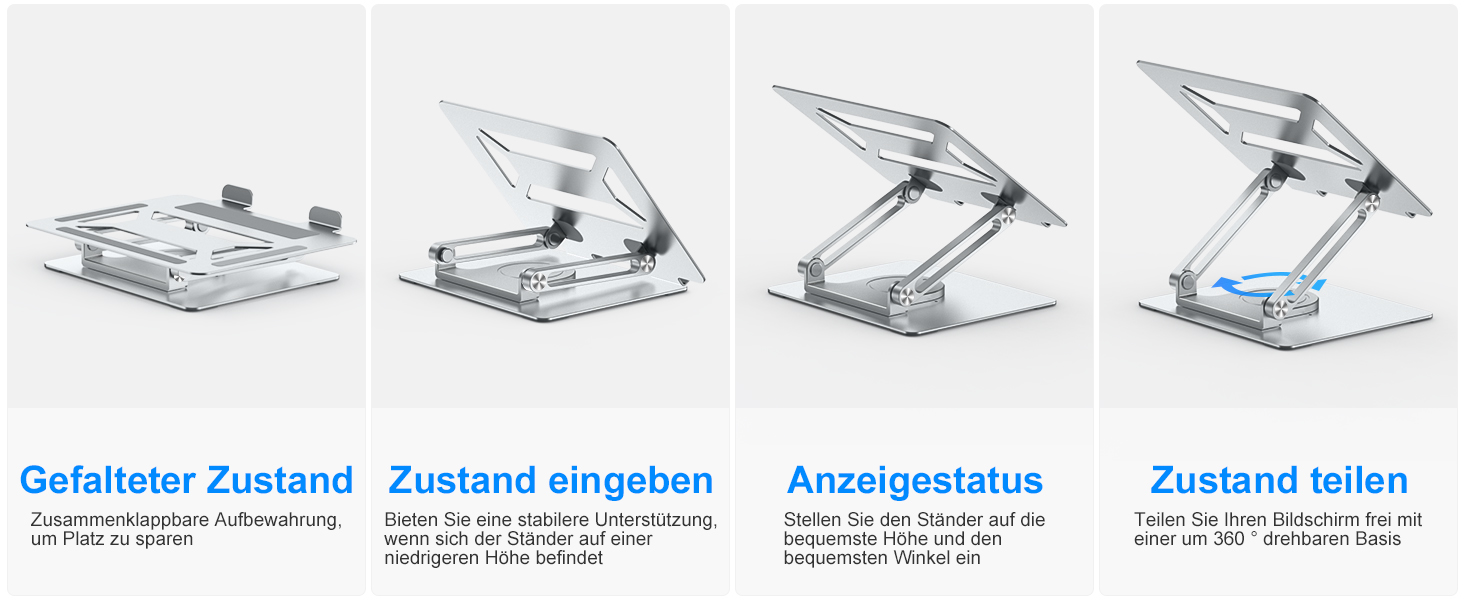 Adjustable Laptop Stand for Desk - 360° Rotating Base, Ergonomic Foldable Riser - Compatible with MacBook Pro/Air & Laptops up to 17 inch - Silver