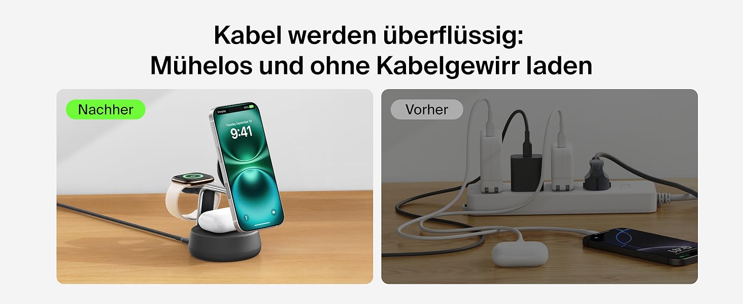 Belkin UltraCharge Pro Qi2.2 Бездротова зарядка 3-в-1 25W MagSafe сумісна для iPhone, Apple Watch, AirPods, Pixel – Чорна