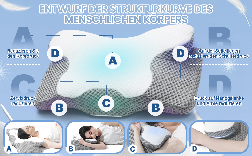 Ортопедична подушка для шиї з Memory Foam, Ergonomische, 2 висоти, для сну на боці, спині та животі, сірого кольору