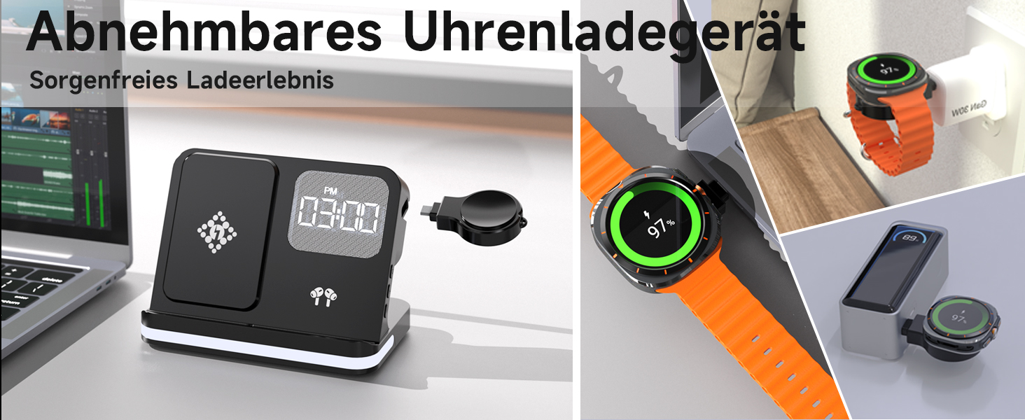Універсальна зарядна станція 4-в-1 для Samsung Galaxy S25, Z Flip 6, Watch 7/Ultra, Buds 3 Pro з будильником та LED-підсвіткою, бездротовий швидкий зарядний пристрій для столу та тумбочки