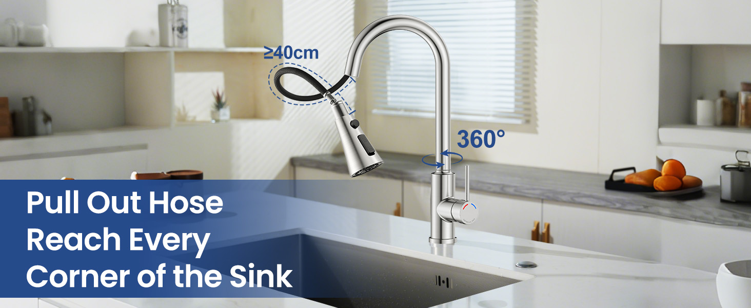 Кухонний змішувач SREWOHS PRO з висувним виливом, 360° обертання, 4 режими розпилення, однорідний, високий вилив, ABS-насадка для кухонної мийки, проста установка (сучасний дизайн)