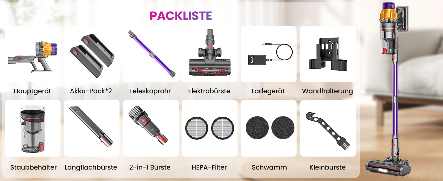 Бездротовий акумуляторний пилосос з 2 акумуляторами, 150 хв роботи, 55000 Па, 600 Вт, об'єм 2.0 л, з дисплеєм, антизаплутана щітка, самостійна парковка, настінна зарядка, 11-шарова фільтрація для шерсті тварин, килимів та твердих поверхонь