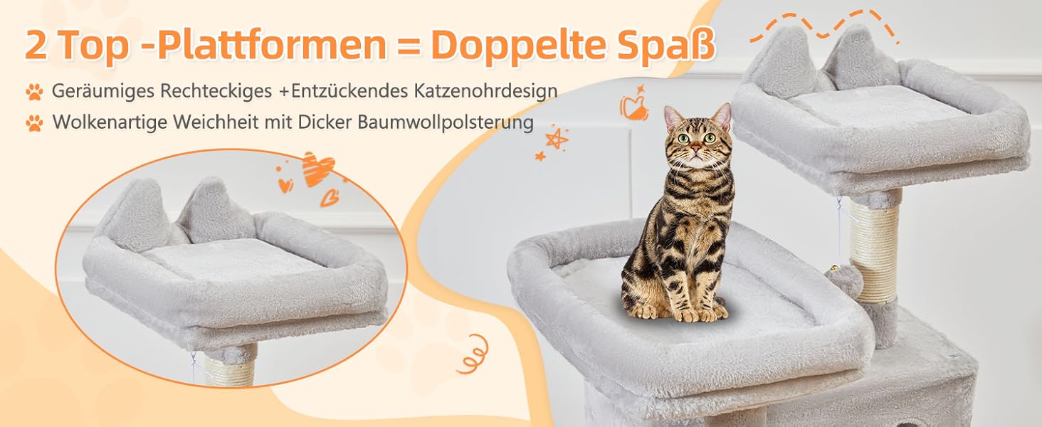 Кігтеточка для котів Taoqimiao MS026W 146 см - велика, стабільна, з 2 будиночками, гамаком, корзиною та 8 кігтеточками (світло-сірий)