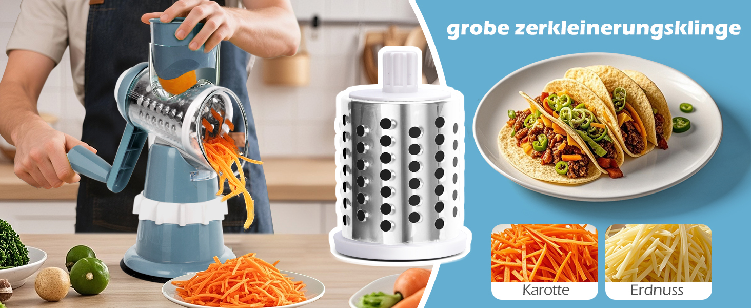 Ручна тертка для овочів 3-в-1 з нержавіючої сталі, терка для сиру з ручкою та 3 змінні леза, терка для салатів, горіхів, фруктів, піци. Колір: зелений