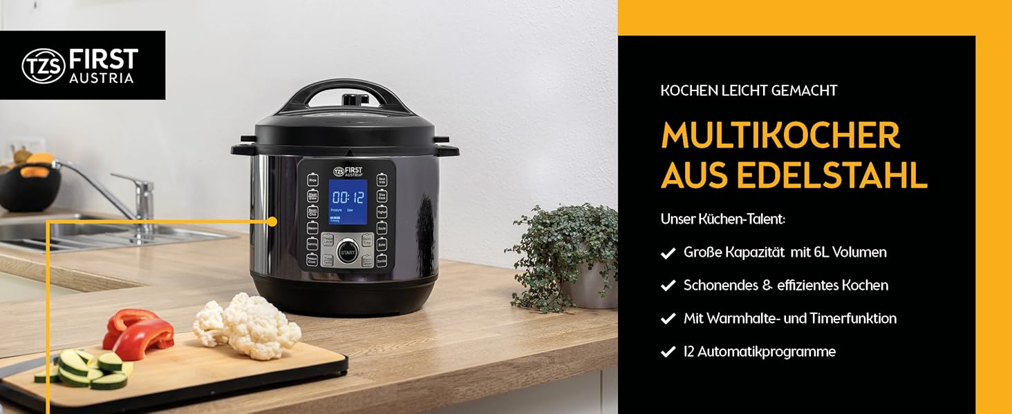 TZS First Austria Electric Pressure Cooker 6L | Multi-Cooker | 12 Programs Pressure Cooker | Rice Cooker | Steamer with Keep Warm Function, Grey-Black Stainless Steel Grey/Black