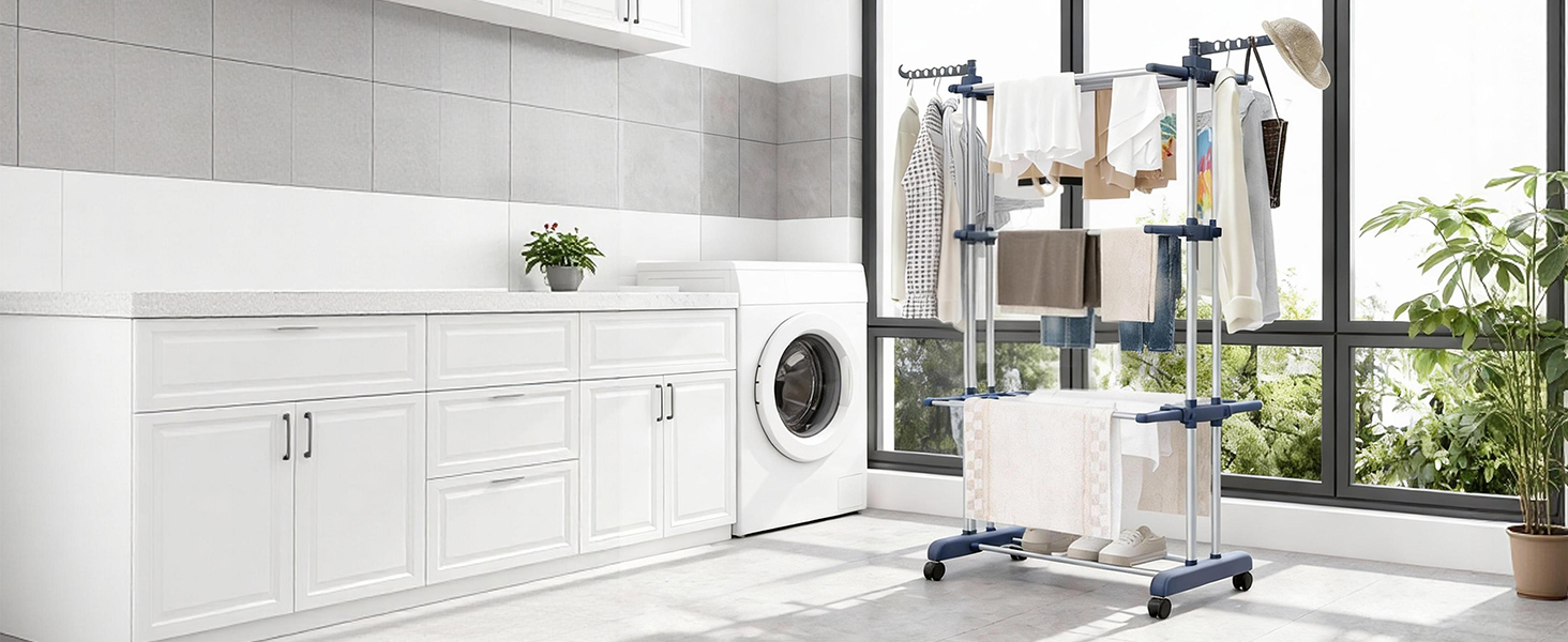 Сушарка для білизни Tower на коліщатках: 4-ярусна, з нержавіючої сталі, з 6 відкидними крилами та 2 боковими сторонами для обертання | 76x50x172 см | Компактна, складна, для балкону, ванної кімнати та саду | (Сірий)