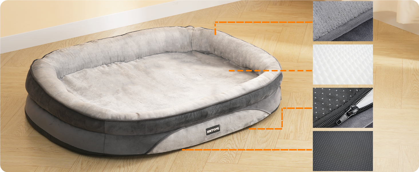 Ортопедичне ліжко для собак, ліжко-софа для собак з валиком, неслизьке дно, знімне та миюче, середні та великі породи, 106 x 79 x 17 см, світло-сірий колір