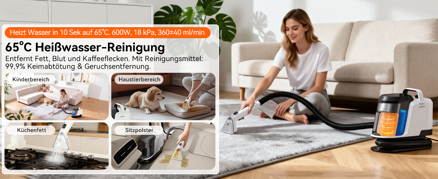 Uwant Y100 Пароочисник для диванів, килимів та авто. 3-в-1, 18KPA, 1750W, 65°C, самоочищення, 7 насадок та засіб для чищення, 2 роки гарантії