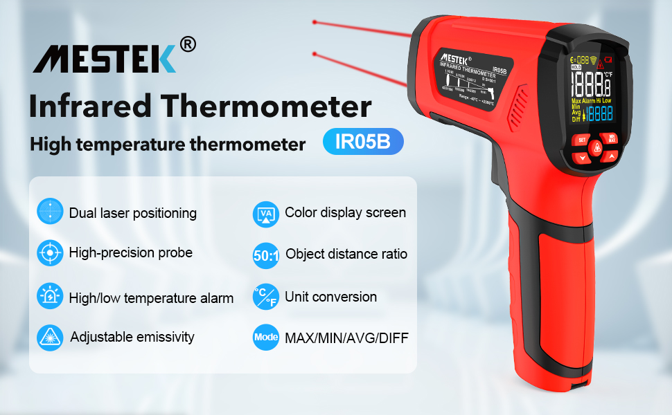 Інфрачервоний термометр MESTEK: цифровий лазерний пірометр з K-зондом (-50°C ~ 800°C) з безконтактним вимірюванням, LCD-дисплеєм, функцією оповіщення та регулюванням коефіцієнта випромінювання. Підходить для кухні, гриля та автомобіля.