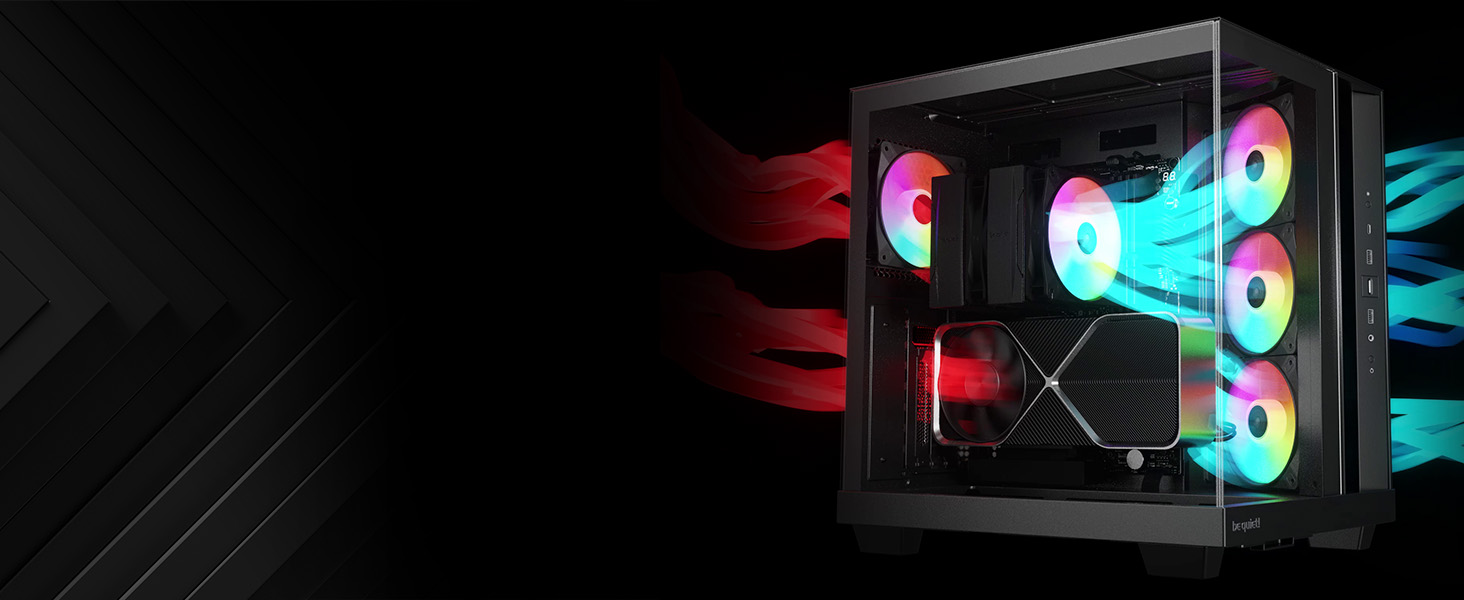 be quiet! Light Base 500 LX: Чорний корпус ПК з повністю прозорою передньою та бічною панелями, Show Case, Dual Chamber Design, 4 вентилятори Pure Wings 3 PWM, без RGB, задній порт-дизайн