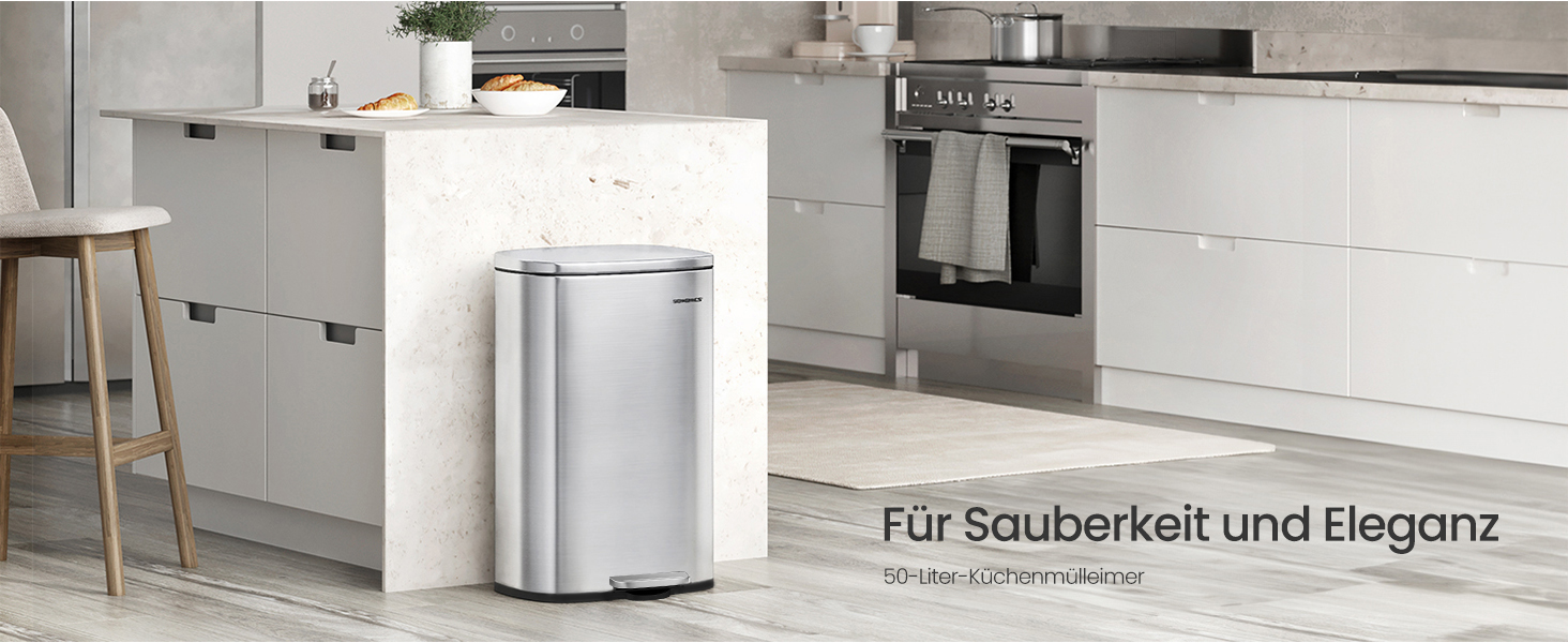 Відро для сміття SONGMICS 50 літрів з педаллю, нержавіюча сталь, з м'яким закриттям, з внутрішнім відром