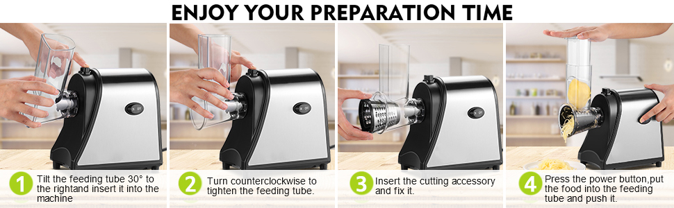 Електричний овочевий слайсер COOCHEER з нержавіючої сталі, 250W. Багатофункціональний подрібнювач з 5 лезами для овочів, сиру, картоплі, моркви, цибулі. Чорний.