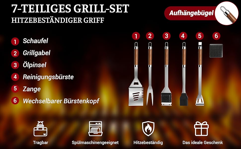 Набір гриля KOBENDA 7 предметів з нержавіючої сталі з чохлом, професійний BBQ аксесуар, ідеальний подарунок для чоловіків