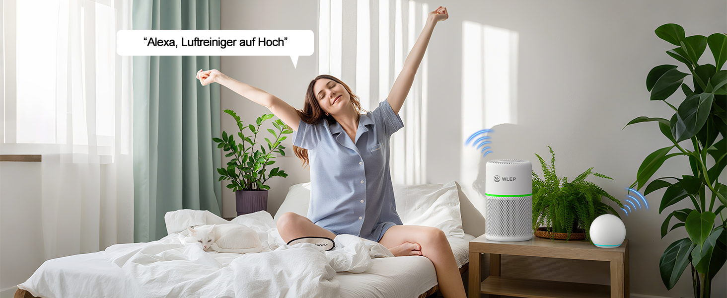 Розумний очищувач повітря з Wi-Fi, керуванням через додаток та голосовими помічниками Alexa/Google, 360° повітряний потік, фільтр HEPA H13 (99,97%), тихий нічний режим (20 dB), CADR 90 м³/год, кольорове підсвічування для спальні, модель KJ1-3S APP