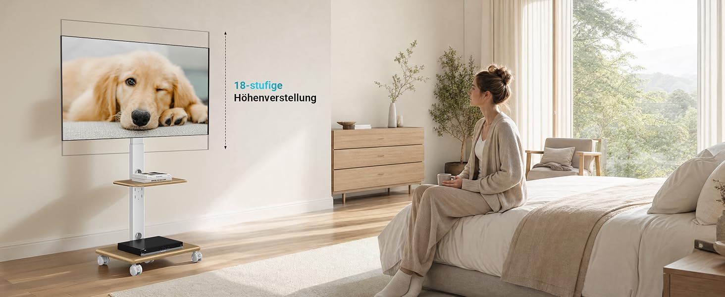 Мобільний стійка-підставка для ТБ BONTEC на колесах, 32-80 дюймів, дерев'яна основа, до 60 кг, білий