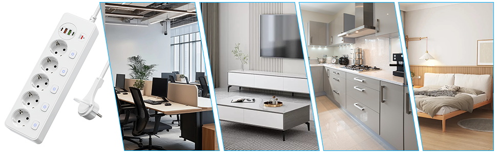 Мережевий адаптер 5-фазний з індивідуальним вимикачем, з 2 USB-A та 2 USB-C, мережевий розподільник 5-фазний з вимикачем, мережева стрічка настінна з 2м кабелем, PD 20W - Білий