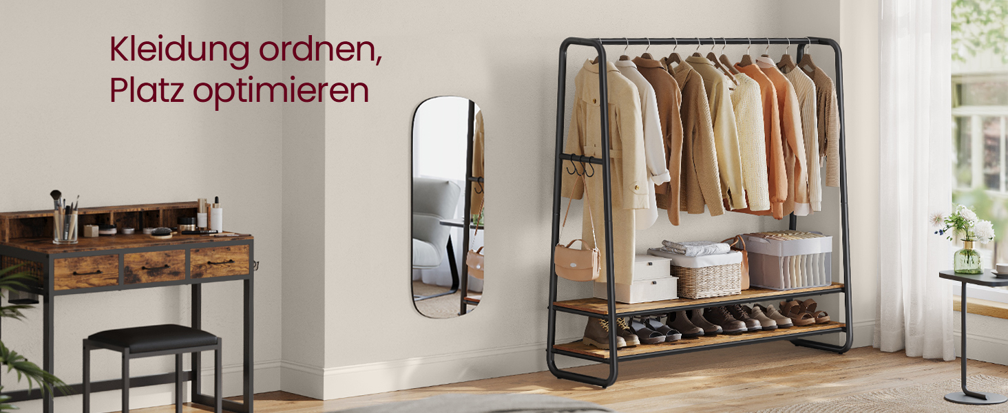 Стійка для одягу VASAGLE RGR119W09, гардеробна стійка з 2 полицями та 6 гачками, сталевий каркас, 45 x 138 x 160 см, для спальні, коридору, прихожої, бежево-білий колір