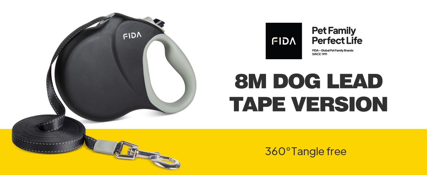 Рулетка для собак Fida 8м, чорна, до 50кг, 2025