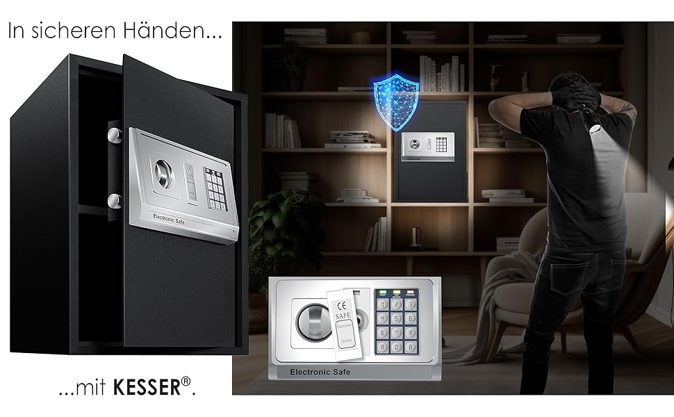 Електронний сейф KESSER® для дому та офісу 31x20x20 см, з подвійним замком, кріпленням, внутрішнім освітленням, сталевий (чорний, XL)