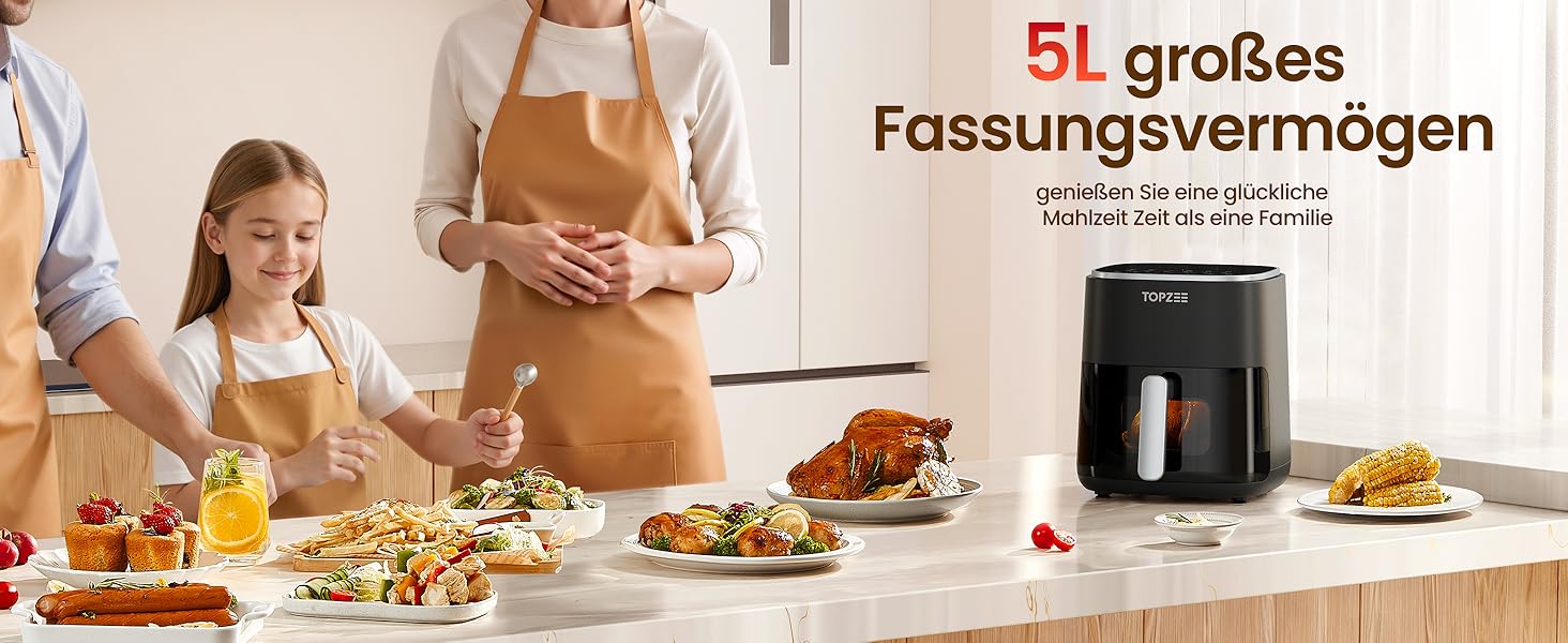 Фритюрниця гарячим повітрям 5 л для 3-5 осіб, ідеальна для любителів м'яса, з регулюванням температури та таймером 24 год, тиха, антипригарний кошик та кришна пластина, зелено-чорна