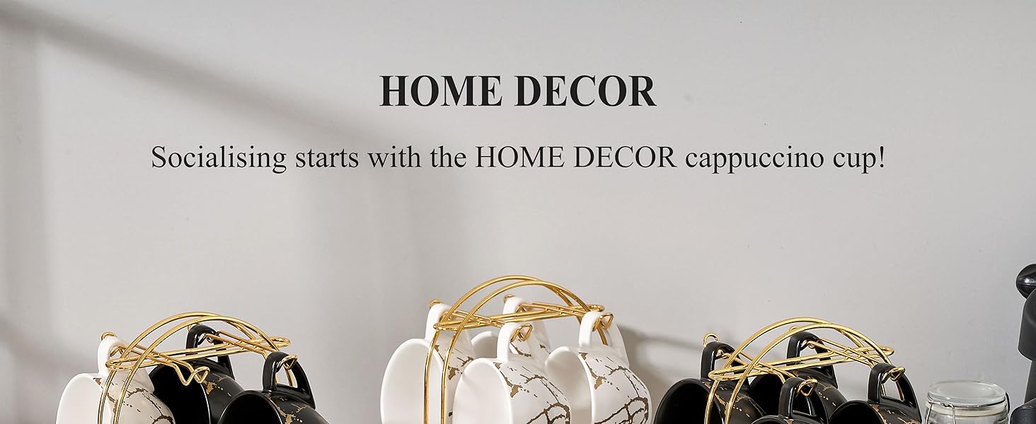 Набір кавових чашок капучіно Home Decor, 4 шт., 220 мл, з металевим підставкою, чорний та білий