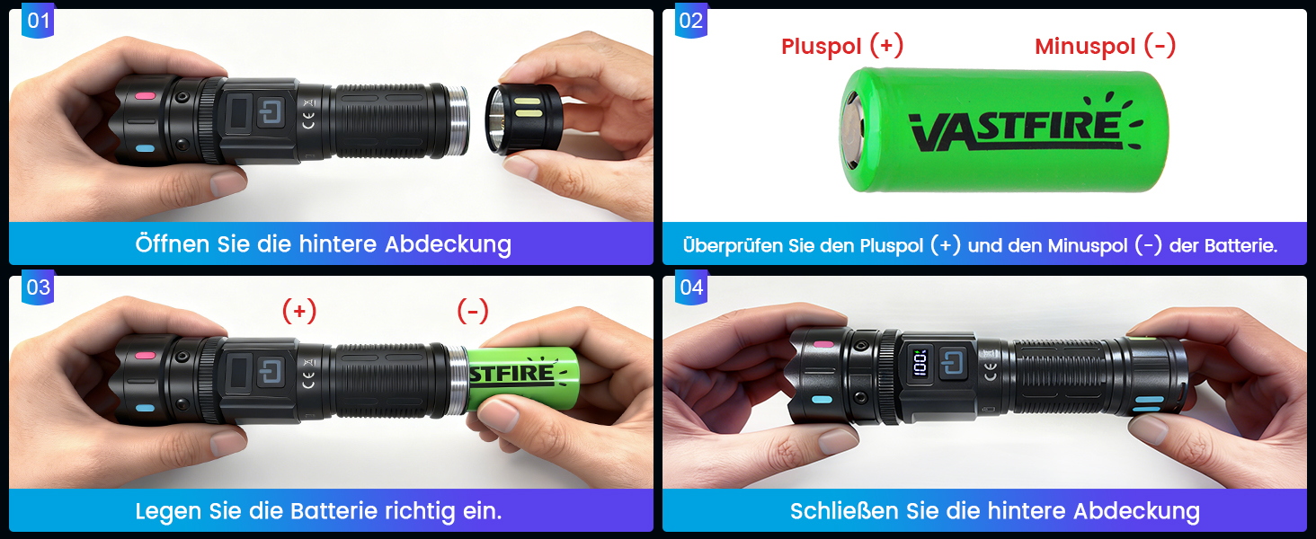 Ліхтар LED VASTFIRE 500000 люменів, тактичний, водонепроникний IP67, з LCD дисплеєм та магнітом, 30W, чорний