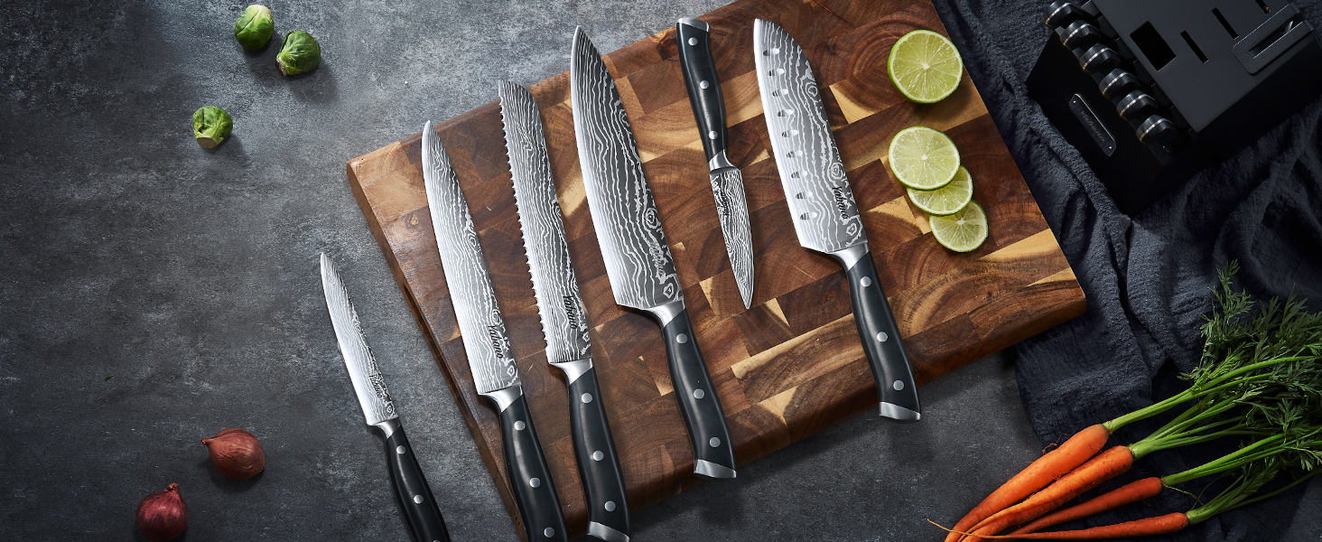 Yabano 14-Piece Professional Knife Set with Sharpening Block - Stainless Steel Chef Knives with Plastic Handles & Wood Block