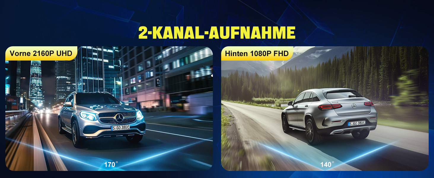 Відеореєстратор AQV Dashcam Auto Vorne und Hinten 4K з WiFi, 64GB SD, G-сенсор, Super Night Vision, 170°+140° Кут огляду, Black-D18