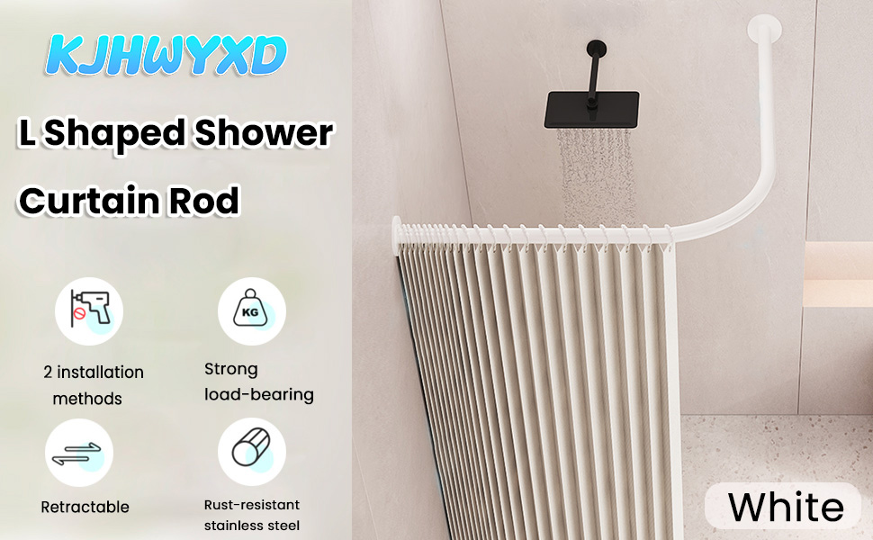 Регульована штанга для душу L-подібної форми без свердління, 304 нержавіюча сталь, для душу, розширювана, кутова, біла (90-130x90-130 см)