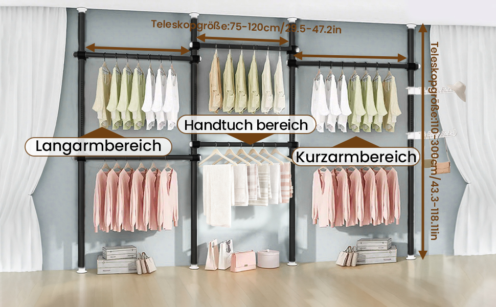 Телескопічна система для гардеробу, штанга для одягу з 6 штангами, телескопічний шафа для одягу з 2 гачками, регульована полиця 110-300 см, для дому та магазину одягу, білий (чорний)