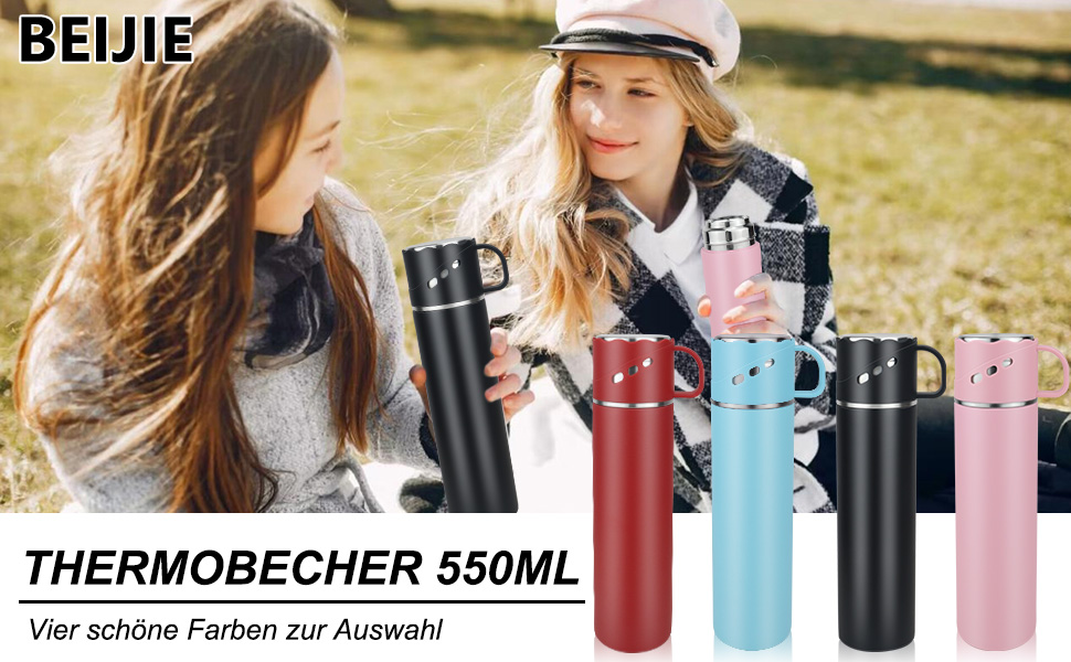 Термос із нержавіючої сталі 550 мл - термос-термокружка з чашкою та ручкою, вакуумний термос 12 годин гарячий / 12 годин холодний, нековзний термос для кави в дорогу для спорту, роботи, школи, автомобіля (Чорний)