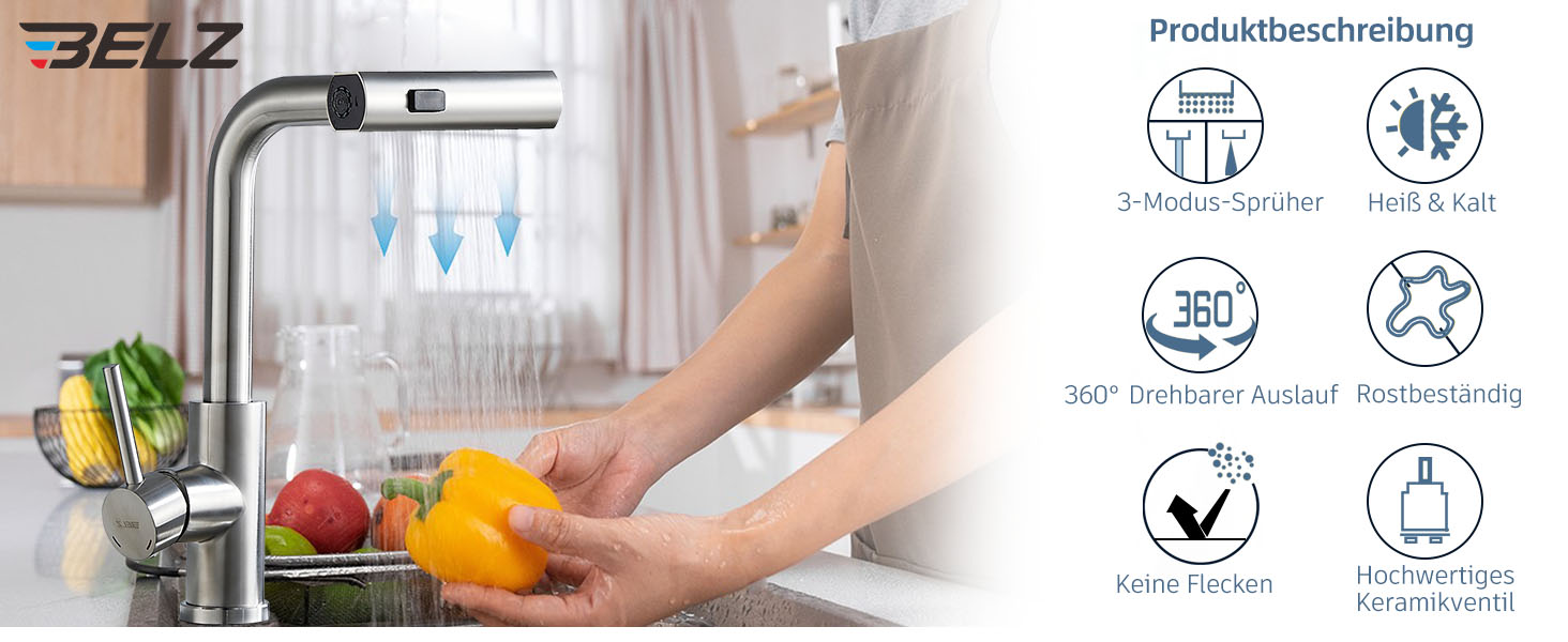 Змішувач для кухні BELZ з висувною лійкою, 3 режими, поворотний на 360°, нержавіюча сталь SUS304, матовий нікель