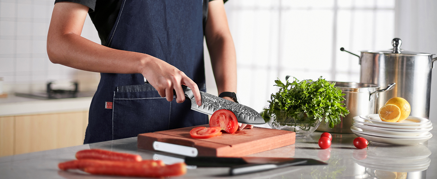 MOSFiATA 8-Inch Damascus Steel Chef's Knife Set - Japanese Kitchen Knives with Sharp Edge, Finger Guard & Sharpener - Professional Meat & Vegetable Knife Set (5-Piece)