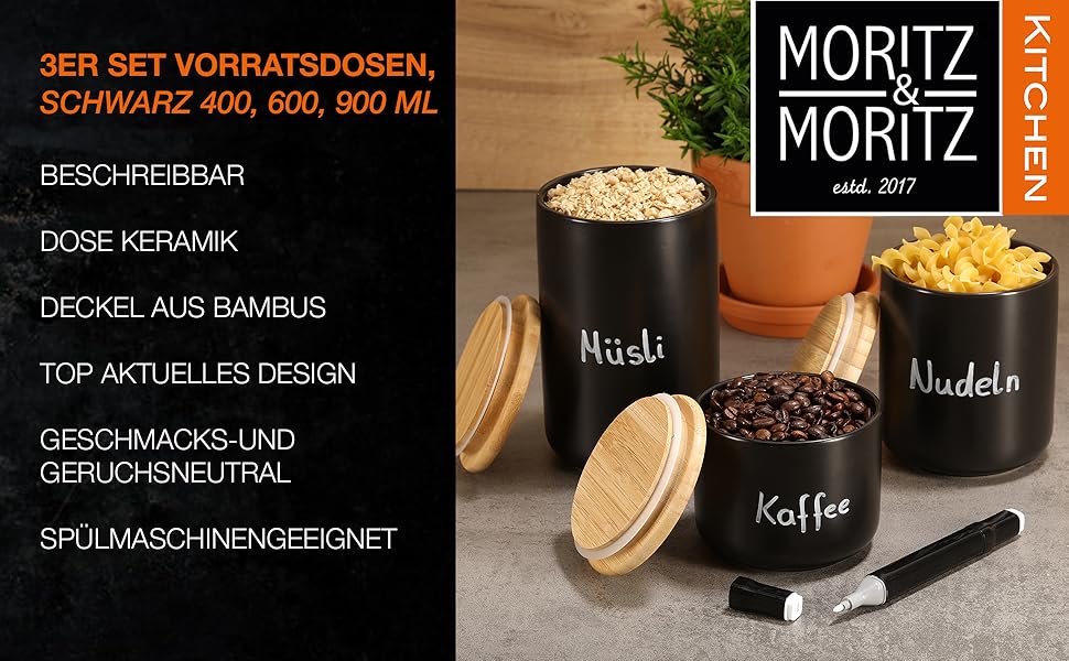 Набір банок Moritz & Moritz чорний, 3 шт (400, 600, 900 мл), керамічні з бамбуковою кришкою, для зберігання продуктів, підписувані кексниці