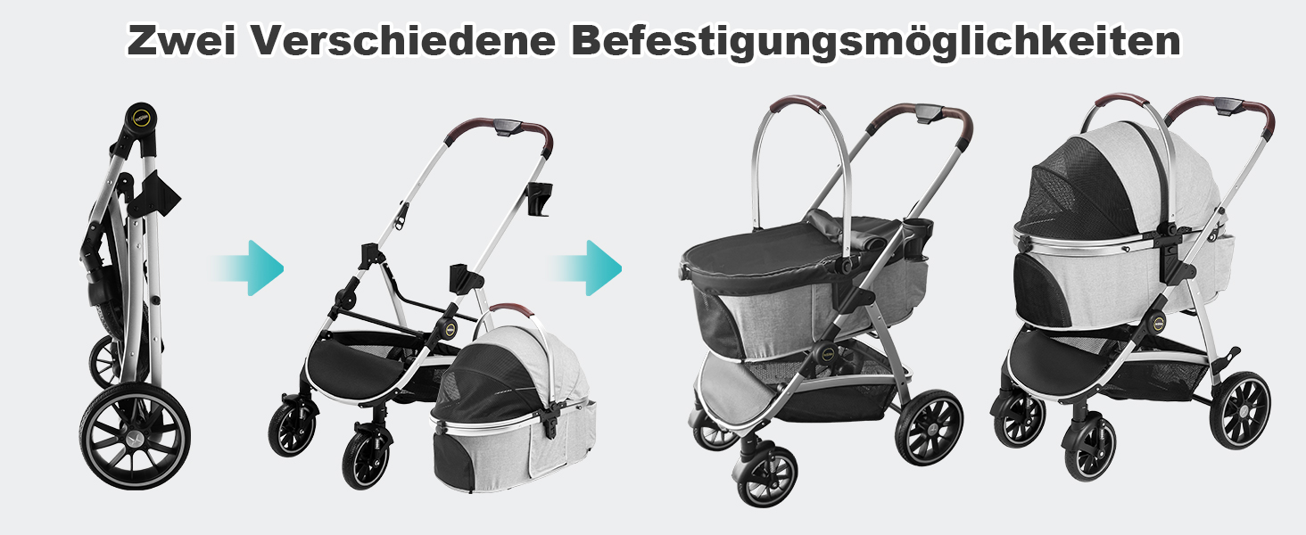 Візок для собак, складаний, до 25 кг, сірий. Алюмінієвий каркас, поворотні колеса, гальма, страхувальний ремінь, м'яке сидіння