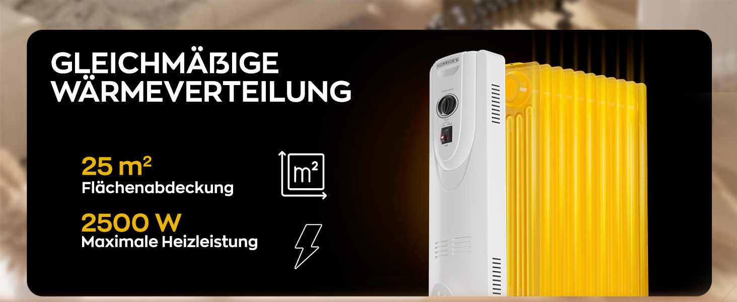 Електричний масляний радіатор Heinrich з 13 ребрами, 2500W, з вентилятором, терморегулятором, захистом від перегріву та нахилу, чорний (білий 11 ребер)