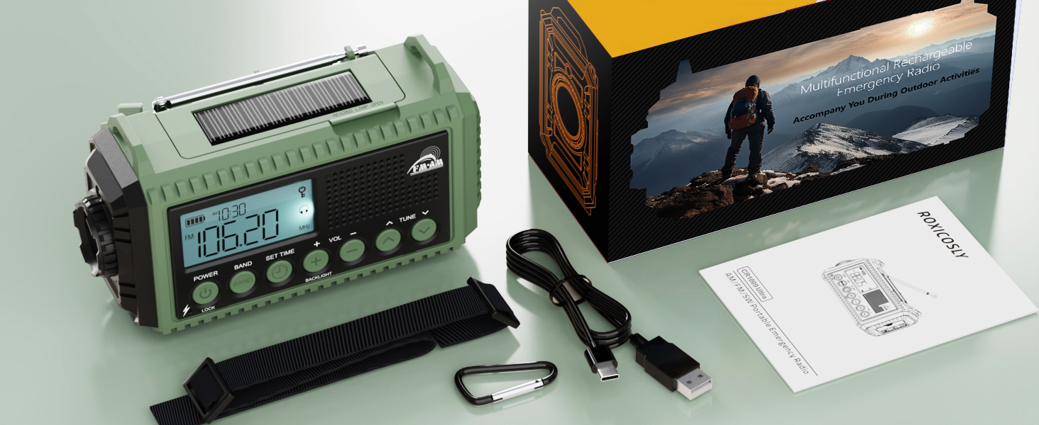 Радіоприймач Kurbelradio на 12000 mAh з ручним заводом, сонячною панеллю та SOS-сигналом. AM/FM/SW радіоприймач з USB-зарядкою, ліхтарик та світло для читання. Ідеально для кемпінгу, надзвичайних ситуацій та відключень електроенергії. Зелений колір.
