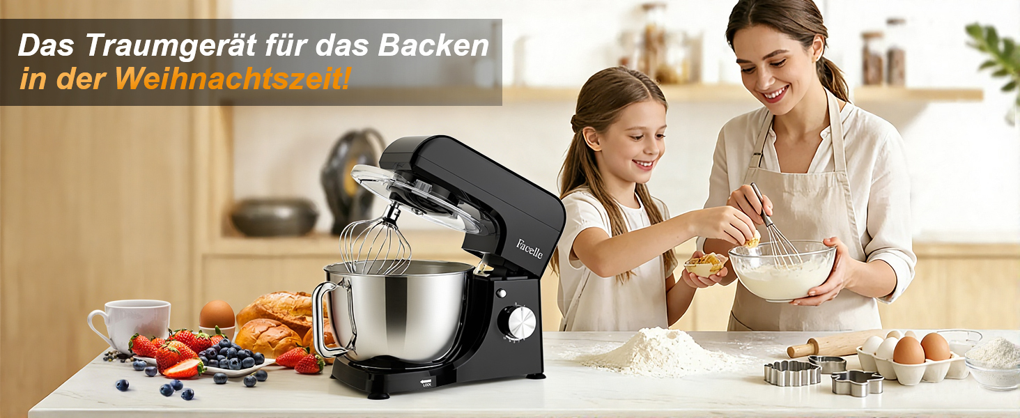 Планетарний кухонний комбайн-міксер 1300W, чаша з нержавіючої сталі 5.5л, 10 швидкостей, з насадками (гак, вінчик, міксер) та захистом від бризок, чорний