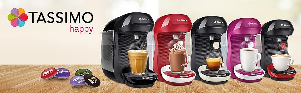 Кавомашина Tassimo Happy TAS1002N від Bosch: понад 70 напоїв, автоматична, для будь-яких чашок, компактна, 1400 Вт, чорний/антрацит