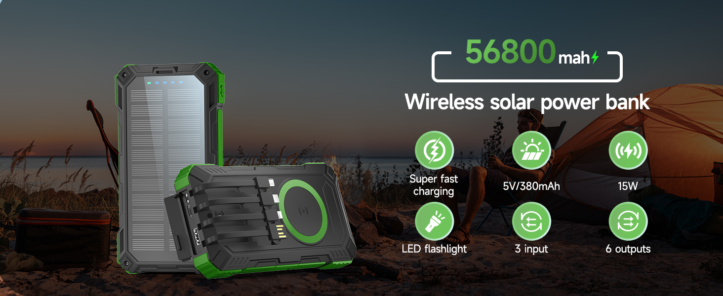 Портативний зарядний акумулятор Power Bank 56800mAh з сонячною панеллю, 30W, USB C, 6 виходів, SOS LED, компас, чорно-зелений