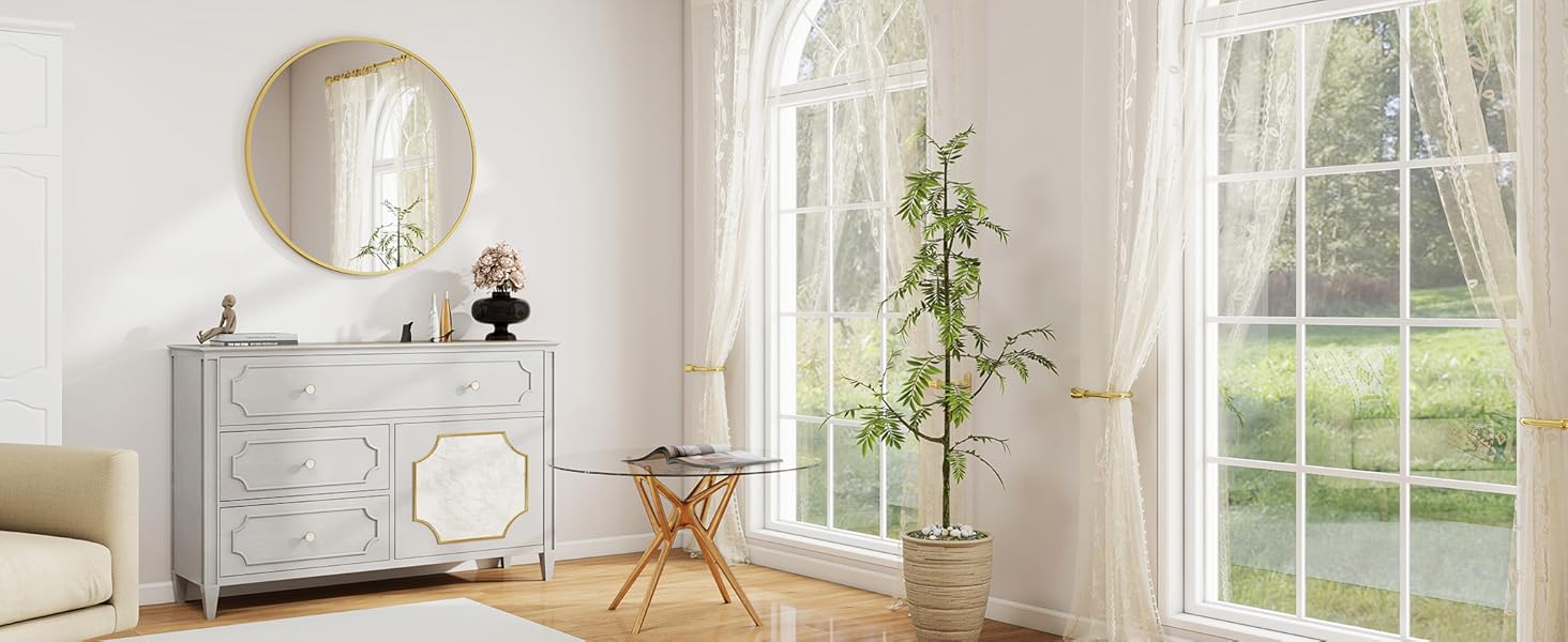 BEAUTYPEAK Дзеркало кругле 60 см з декоративним алюмінієвим каркасом, безпечне для ванної кімнати, для спальні, вітальні (106x106 см, золото)